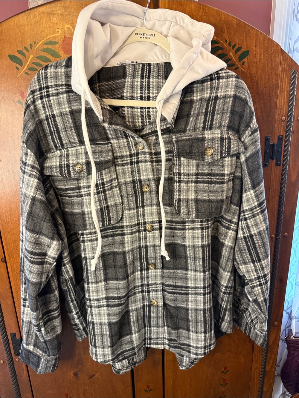 white birch Black and White Plaid Hooded Utility jacket shacket lg soft